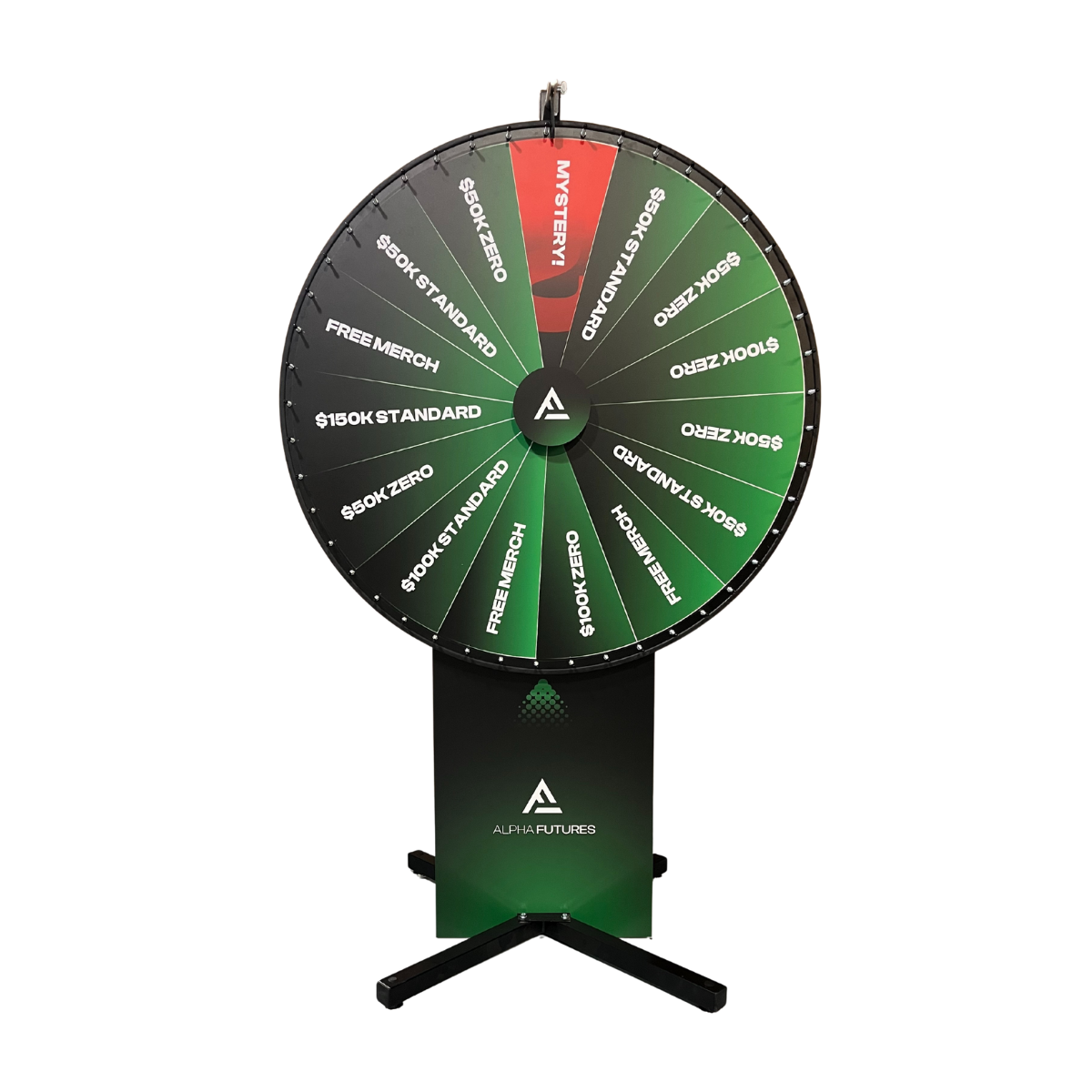 Prize wheel with custom dark-themed full display panel on floor stand