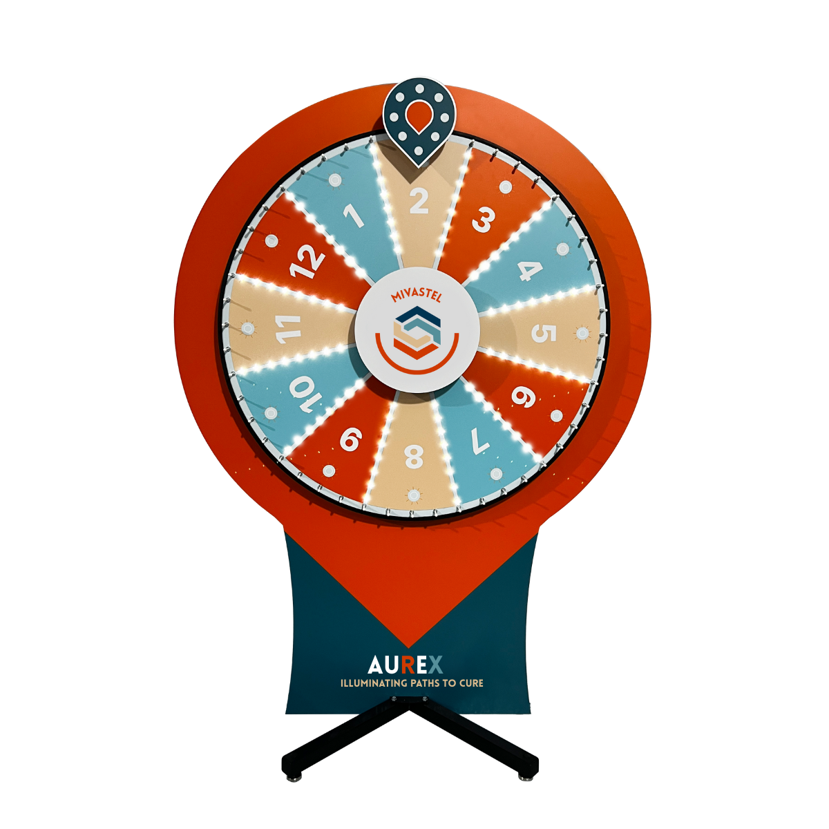 Prize wheel with full branded display panel on floor stand